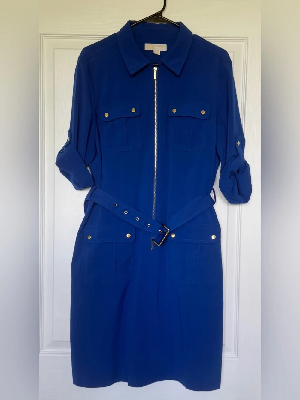 MICHAEL KORS Blue Zip Front Belted Utility Shirt Dress Women’s Size XL